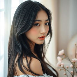 A stunning Asian woman with long black hair, portrayed in a serene and artistic manner, surrounded by soft natural light filtering through delicate curtains