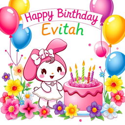 My Melody, a cute cartoon character, stands joyfully next to a beautifully decorated birthday cake adorned with colorful frosting and candles