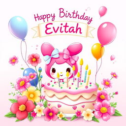 My Melody, a cute cartoon character, stands joyfully next to a beautifully decorated birthday cake adorned with colorful frosting and candles