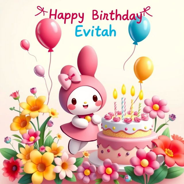 My Melody, a cute cartoon character, stands joyfully next to a beautifully decorated birthday cake adorned with colorful frosting and candles