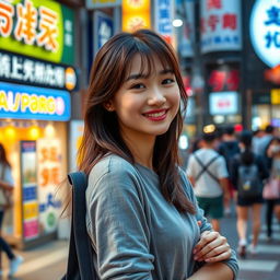 A beautiful young Japanese college student confidently posing in a vibrant city setting, exuding charm and youthful energy