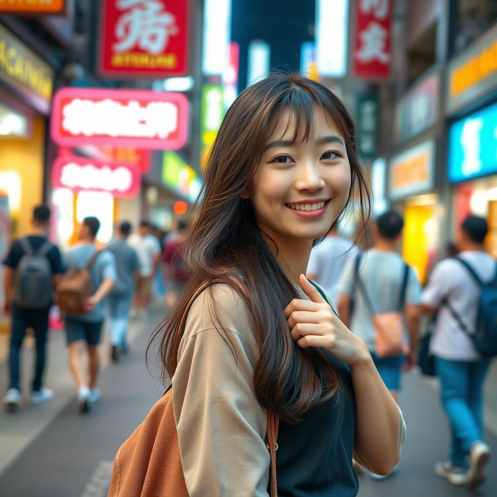 A beautiful young Japanese college student confidently posing in a vibrant city setting, exuding charm and youthful energy