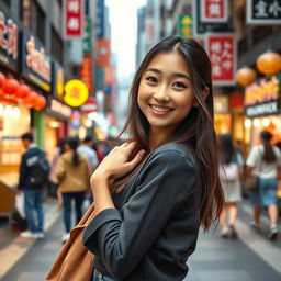 A beautiful young Japanese college student confidently posing in a vibrant city setting, exuding charm and youthful energy