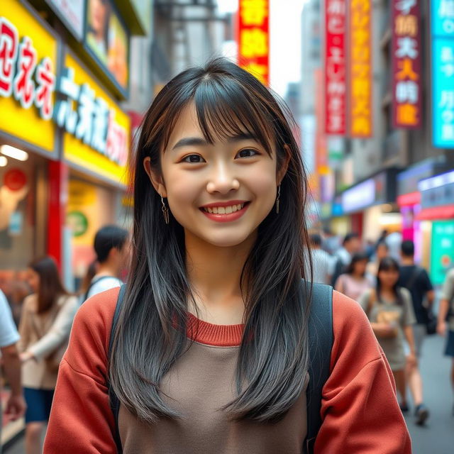 A beautiful young Japanese college student confidently posing in a vibrant city setting, exuding charm and youthful energy