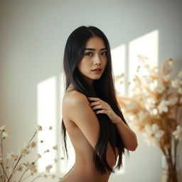 An artistic portrayal of a beautiful Asian woman with long black hair, gracefully posed in a serene environment