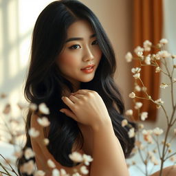 An artistic portrayal of a beautiful Asian woman with long black hair, gracefully posed in a serene environment