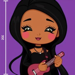 A cute character inspired by Hello Kitty with long black hair measuring 25 cm, displaying a warm brown complexion