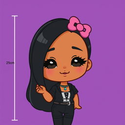 A cute character inspired by Hello Kitty with long black hair measuring 25 cm, displaying a warm brown complexion