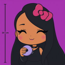 A cute character inspired by Hello Kitty with long black hair measuring 25 cm, displaying a warm brown complexion