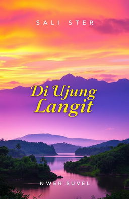 A captivating novel cover for a book titled 'Di Ujung Langit', featuring a breathtaking sunset over a tranquil landscape