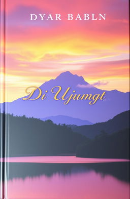 A captivating novel cover for a book titled 'Di Ujung Langit', featuring a breathtaking sunset over a tranquil landscape