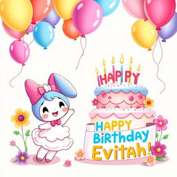 My Melody, an adorable cartoon character, joyfully poses next to a lavish birthday cake that is richly decorated with colorful icing, sprinkles, and candles ready to be lit