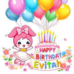 My Melody, an adorable cartoon character, joyfully poses next to a lavish birthday cake that is richly decorated with colorful icing, sprinkles, and candles ready to be lit