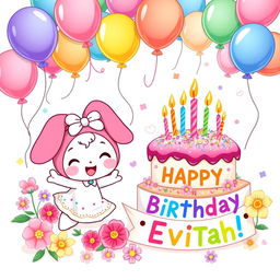 My Melody, an adorable cartoon character, joyfully poses next to a lavish birthday cake that is richly decorated with colorful icing, sprinkles, and candles ready to be lit