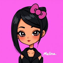 A cartoon character inspired by Hello Kitty, featuring black hair that is 25 cm long and a brown complexion