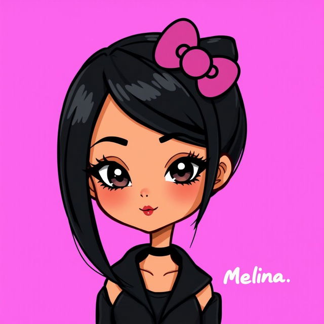 A cartoon character inspired by Hello Kitty, featuring black hair that is 25 cm long and a brown complexion