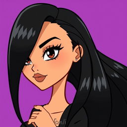 A cartoon character inspired by Hello Kitty, featuring black hair that is 25 cm long and a brown complexion