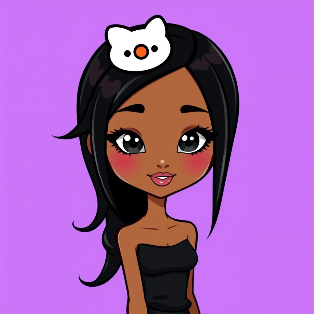 A cartoon character inspired by Hello Kitty, featuring black hair that is 25 cm long and a brown complexion