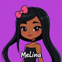 A cartoon character inspired by Hello Kitty, featuring black hair that is 25 cm long and a brown complexion