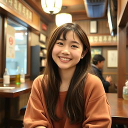 A beautiful young Japanese college student sitting in a cozy, rustic izakaya, exuding charm and confidence