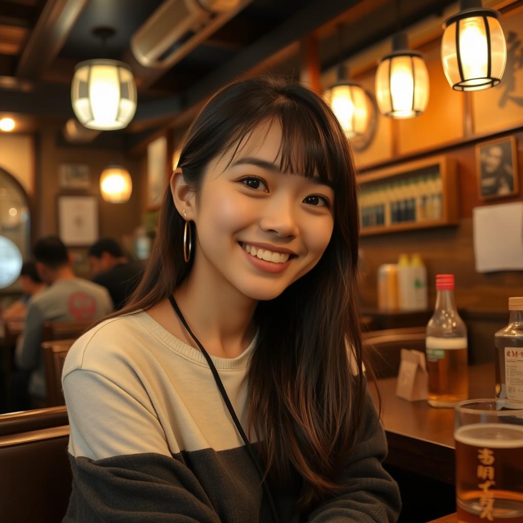 A beautiful young Japanese college student sitting in a cozy, rustic izakaya, exuding charm and confidence