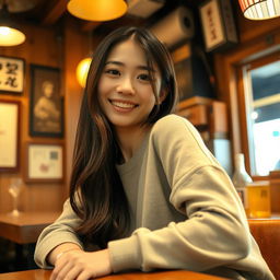 A beautiful young Japanese college student sitting in a cozy, rustic izakaya, exuding charm and confidence