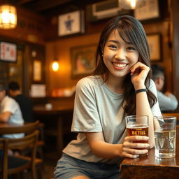 A beautiful young Japanese college student sitting in a cozy, rustic izakaya, exuding charm and confidence