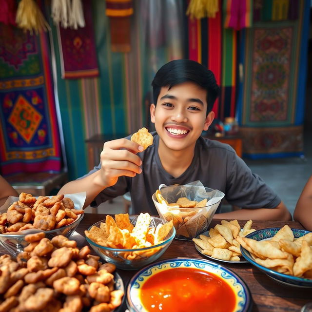 A vibrant scene of a joyful person named Rigen sitting at a table filled with various types of kerupuk (Indonesian crackers)