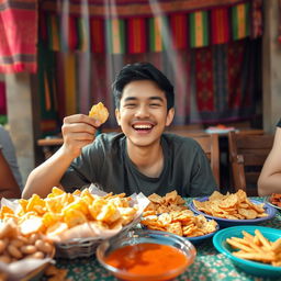 A vibrant scene of a joyful person named Rigen sitting at a table filled with various types of kerupuk (Indonesian crackers)