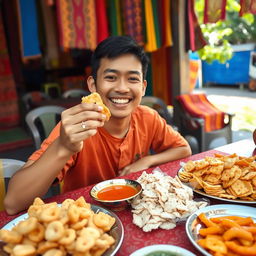 A vibrant scene of a joyful person named Rigen sitting at a table filled with various types of kerupuk (Indonesian crackers)