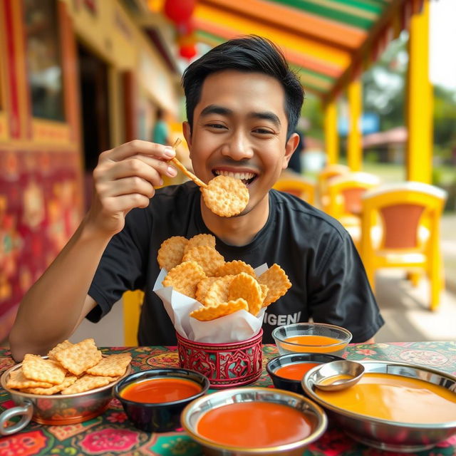 A delightful scene featuring a cheerful person named Rigen, happily enjoying a variety of kerupuk (Indonesian crackers)