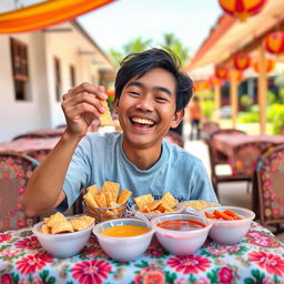 A delightful scene featuring a cheerful person named Rigen, happily enjoying a variety of kerupuk (Indonesian crackers)