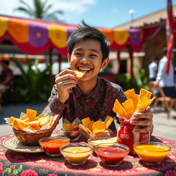 A delightful scene featuring a cheerful person named Rigen, happily enjoying a variety of kerupuk (Indonesian crackers)