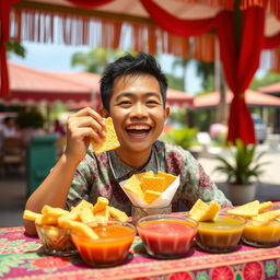 A delightful scene featuring a cheerful person named Rigen, happily enjoying a variety of kerupuk (Indonesian crackers)
