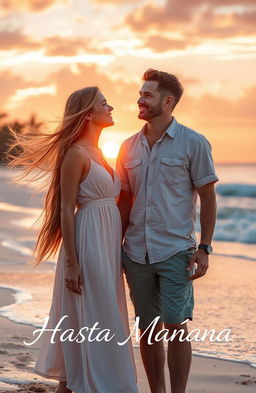 A romantic scene depicting a young woman with long flowing hair, wearing a light summer dress, and a man with an engaging smile, dressed in casual beach attire