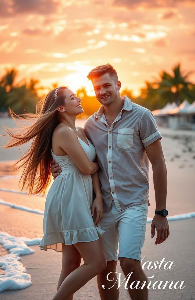 A romantic scene depicting a young woman with long flowing hair, wearing a light summer dress, and a man with an engaging smile, dressed in casual beach attire