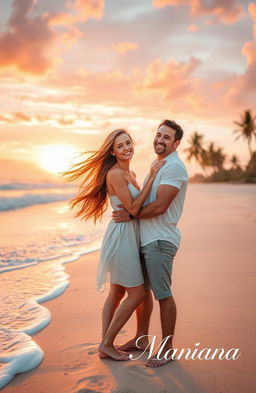 A romantic scene depicting a young woman with long flowing hair, wearing a light summer dress, and a man with an engaging smile, dressed in casual beach attire