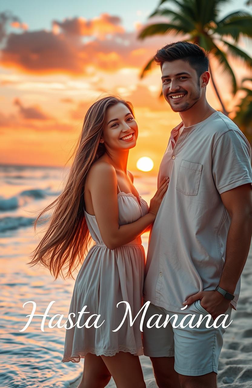 A romantic scene depicting a young woman with long flowing hair, wearing a light summer dress, and a man with an engaging smile, dressed in casual beach attire