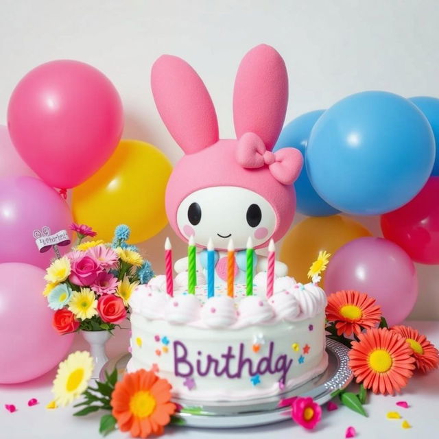 A cute and colorful birthday scene featuring My Melody, a character with long floppy pink bunny ears and a sweet smile, sitting on a beautifully decorated white cake with colorful birthday candles