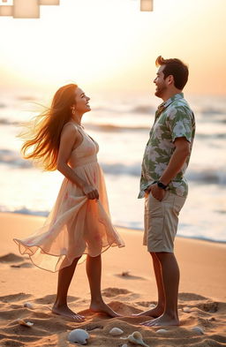 A romantic scene depicting a young woman and a man meeting for the first time during a beautiful summer vacation
