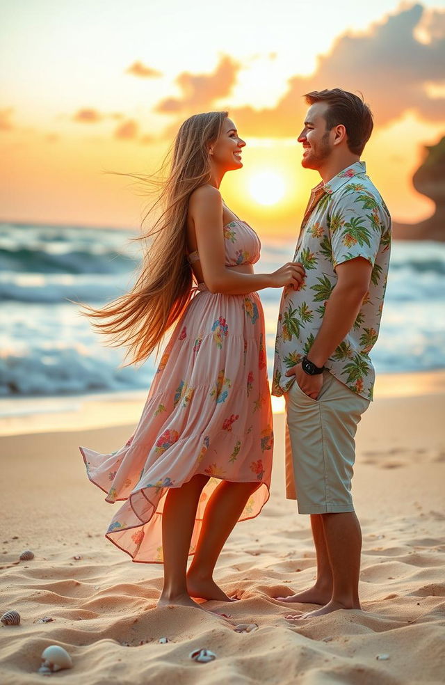 A romantic scene depicting a young woman and a man meeting for the first time during a beautiful summer vacation