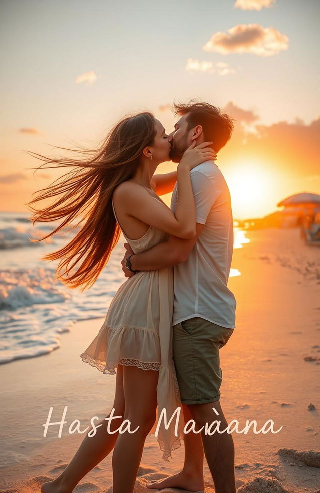 A romantic scene capturing a young woman with flowing long hair, wearing a light summer dress, passionately kissing a man with tousled hair on a sun-drenched beach during her summer vacation