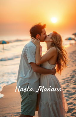 A romantic scene capturing a young woman with flowing long hair, wearing a light summer dress, passionately kissing a man with tousled hair on a sun-drenched beach during her summer vacation
