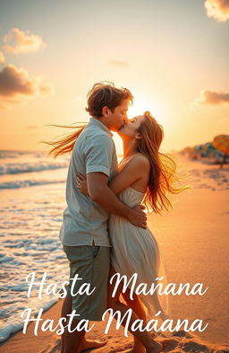 A romantic scene capturing a young woman with flowing long hair, wearing a light summer dress, passionately kissing a man with tousled hair on a sun-drenched beach during her summer vacation