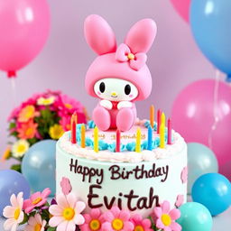 My Melody, a cute pink character with bunny ears and a bow, sitting on top of a decorated birthday cake