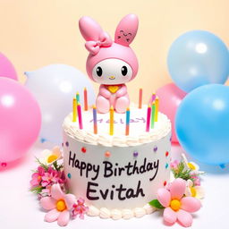 My Melody, a cute pink character with bunny ears and a bow, sitting on top of a decorated birthday cake