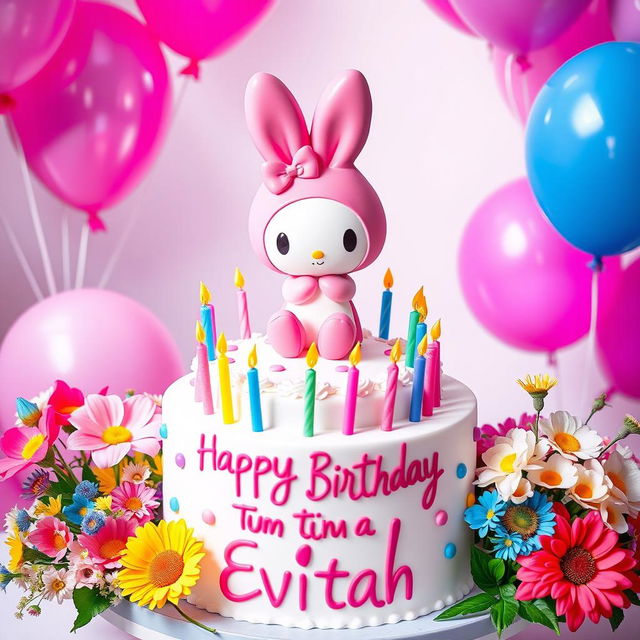 My Melody, a cute pink character with bunny ears and a bow, sitting on top of a decorated birthday cake