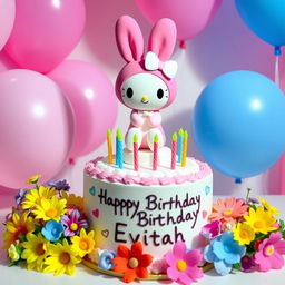 My Melody, a cute pink character with bunny ears and a bow, sitting on top of a decorated birthday cake