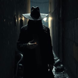 A shadowy figure known as the mystery killer, cloaked in a long, tattered black coat, standing in a dimly lit alleyway