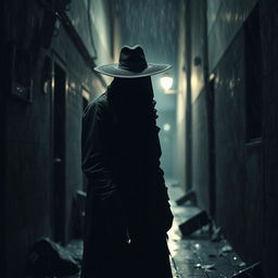A shadowy figure known as the mystery killer, cloaked in a long, tattered black coat, standing in a dimly lit alleyway